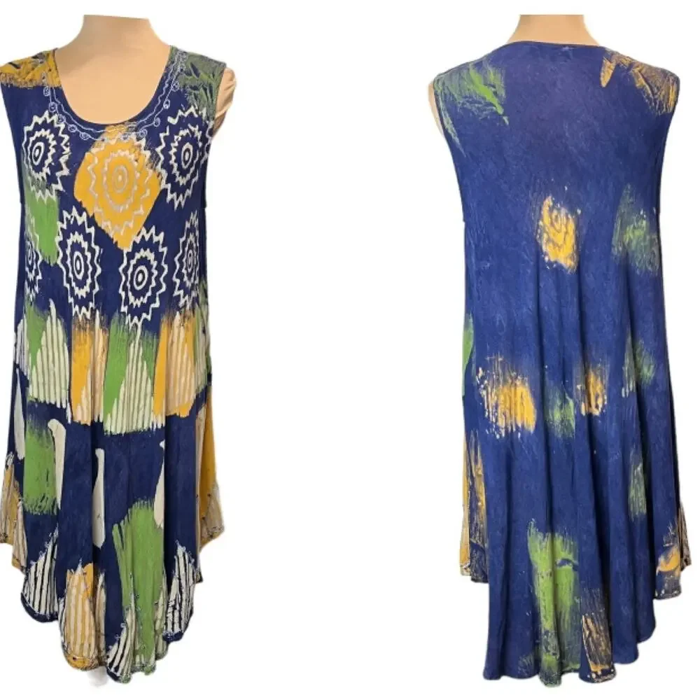 S.R. Fashion  Gauzy Midi Tie Dye Dress Navy Green Yellow  OS